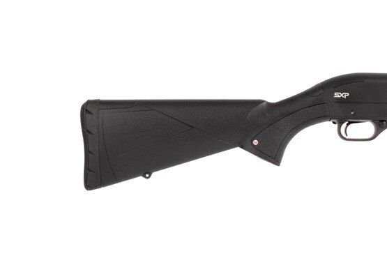 Winchester Marine Defender SXP pump action shotgun chambered for 12 guage has an ergonomic synthetic stock